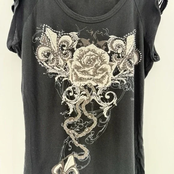 Vtg 2000s Y2K Studded Rose Shirt Tattoo Style See Measure Biker Hipster Grunge - Picture 5 of 8